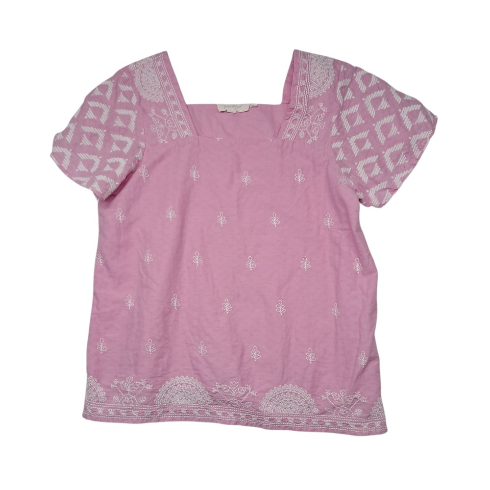 Anthropologie Forever That Girl Top Womens 8 Pink White Embroidered Short Sleeve